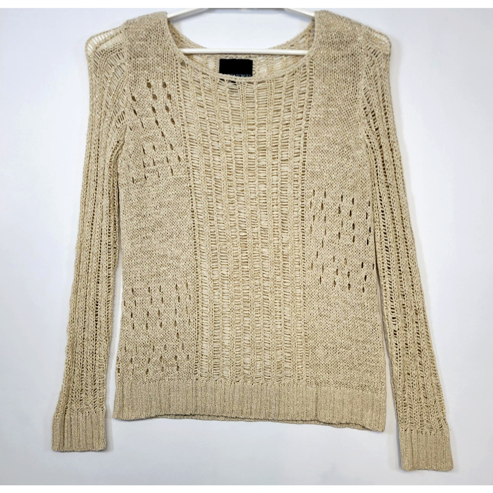 Cynthia‎ Rowley Sweater Womens M Beige Open Knit Overlay Metallic Top Sheer